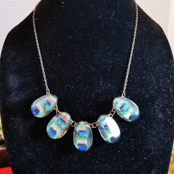 Antiqued Bronze Tone Chunky Peacock Feather Necklace - Picture 7 of 16